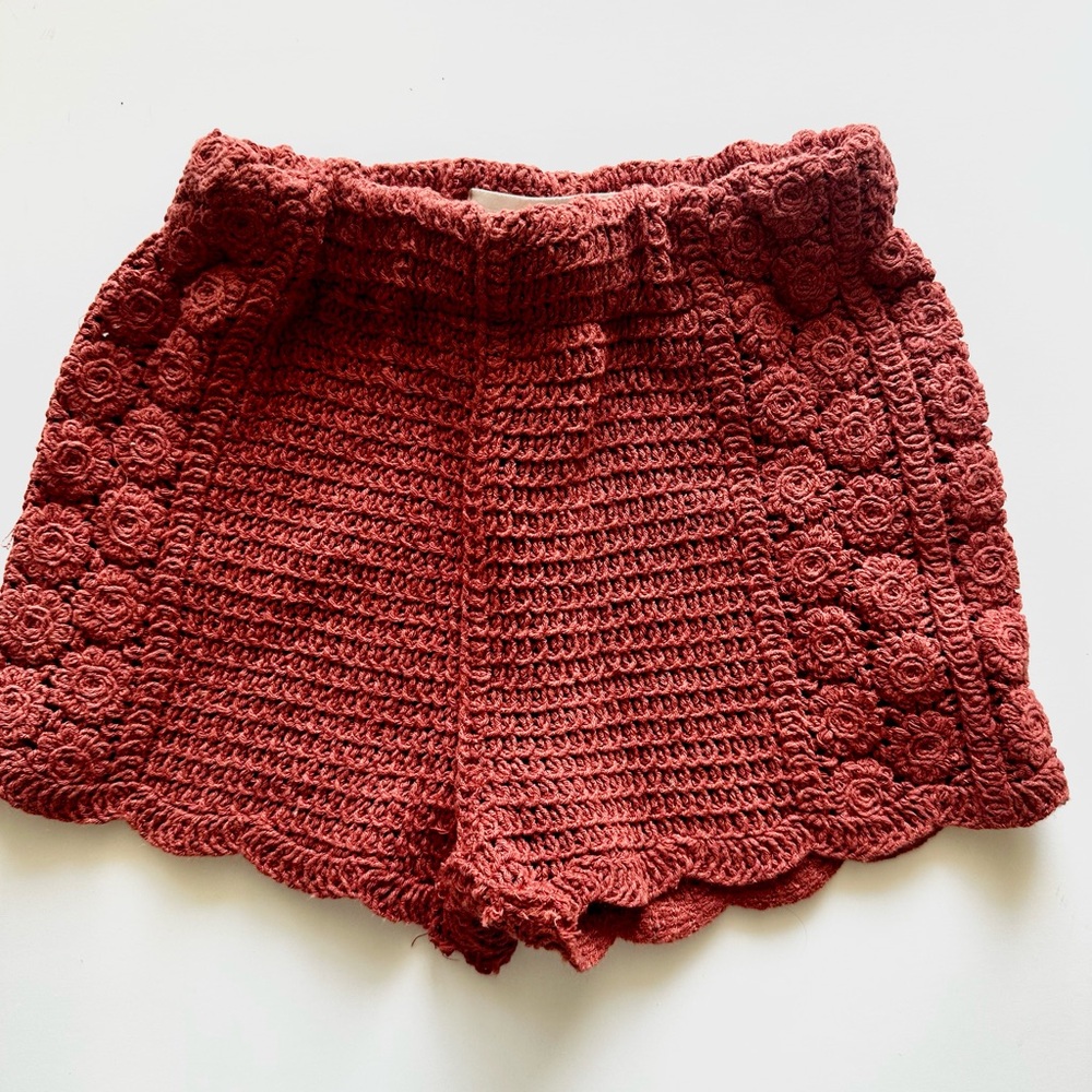 Zara Crochet Floral Scalloped Hem Shorts - Rust